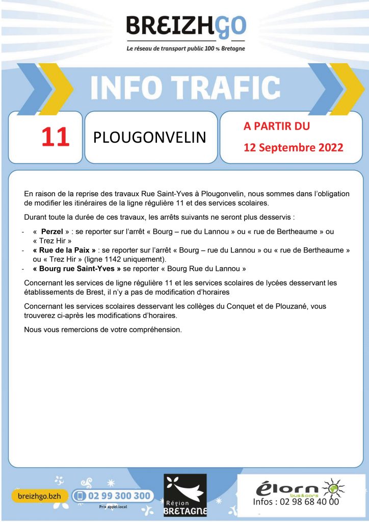 Ligne 11 Plougonvelin : travaux. La ligne 11 Breizhgo modifie son itinéraire et ses horaires à partir du 12 septembre
