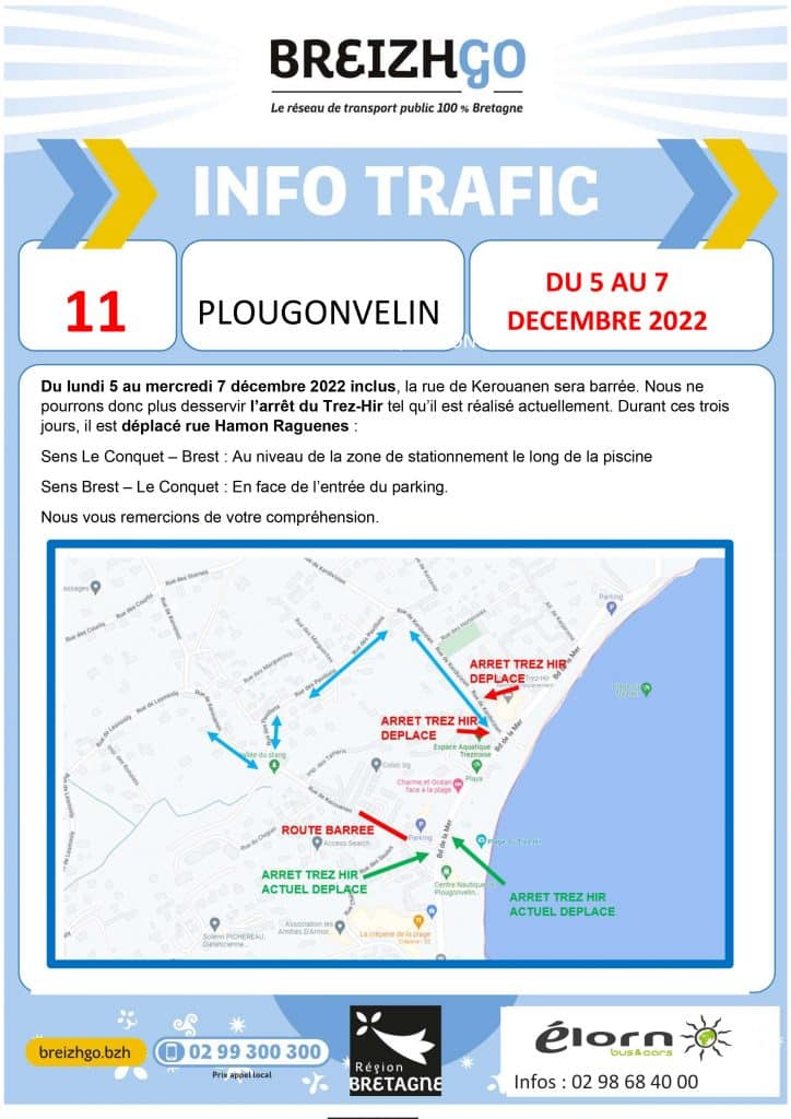 Ligne 11 Plougonvelin, réseau de transport Breizhgo, nous modifions votre point d'arrêt