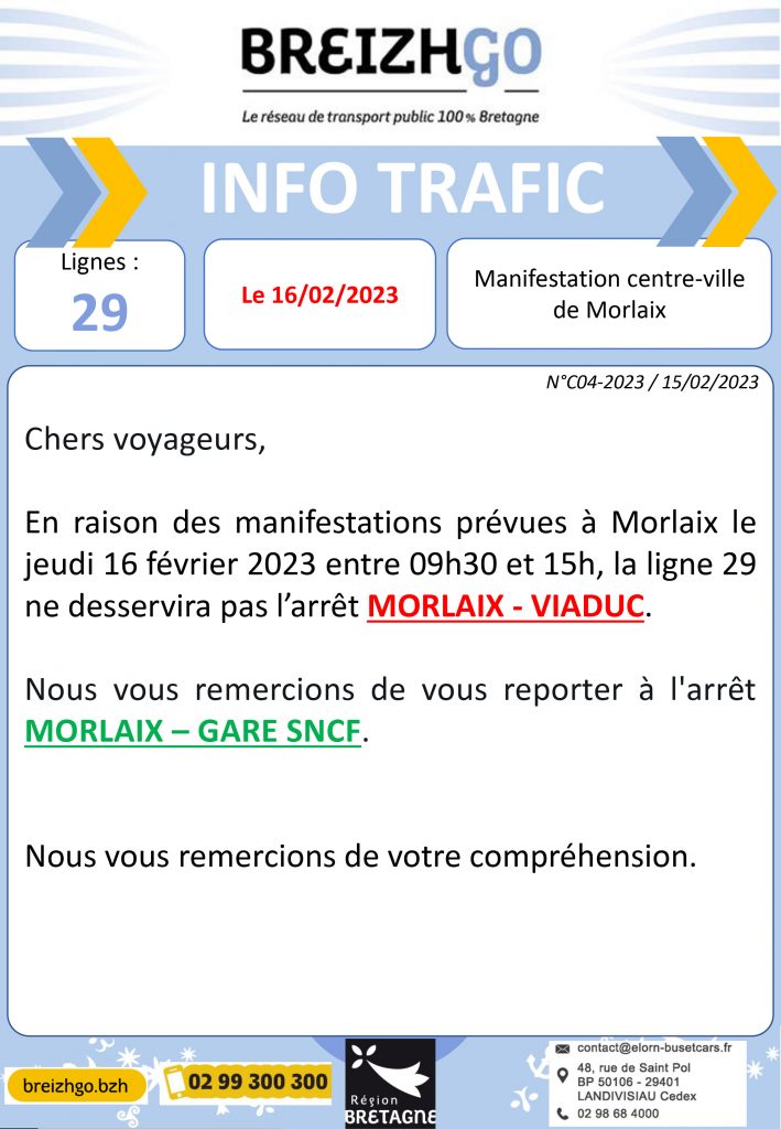 Ligne 29 : Manifestation Morlaix jeudi 16 février 2023. Nous ne desservirons pas l'arrêt "Viaduc" de 9H30 et 15H00