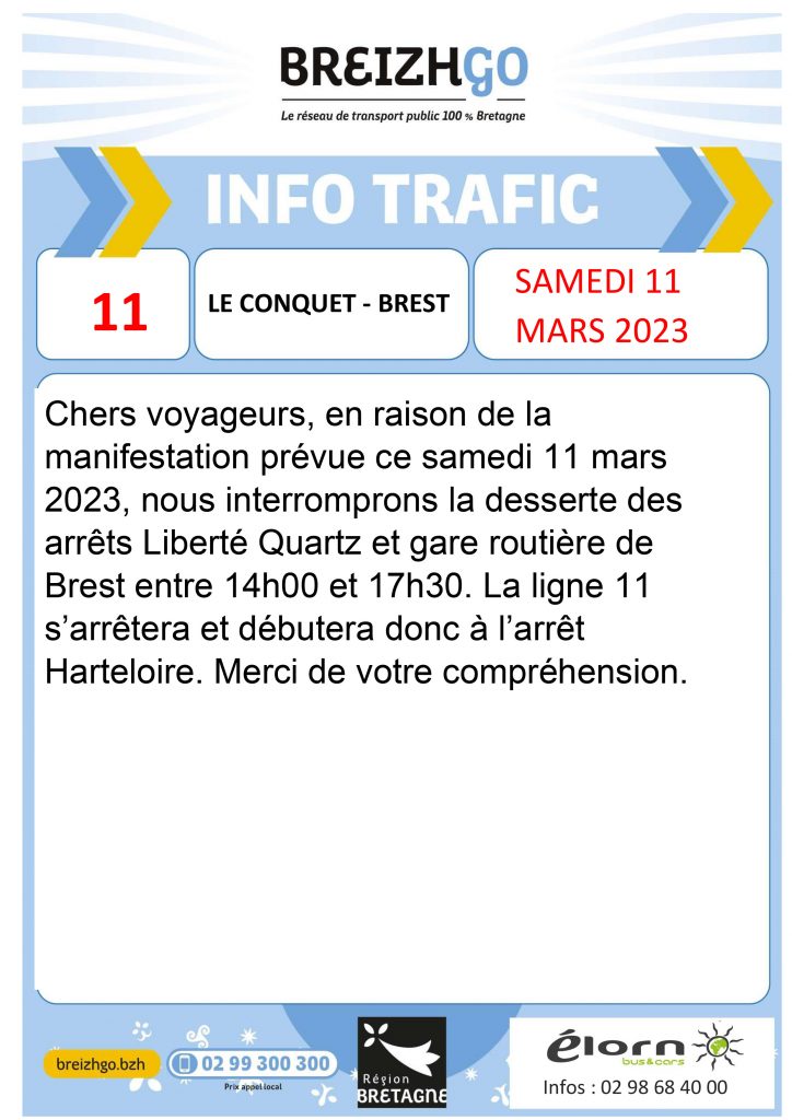Brest info : manifestation 11 mars 2023, interruption des dessertes de car sur la ligne 11