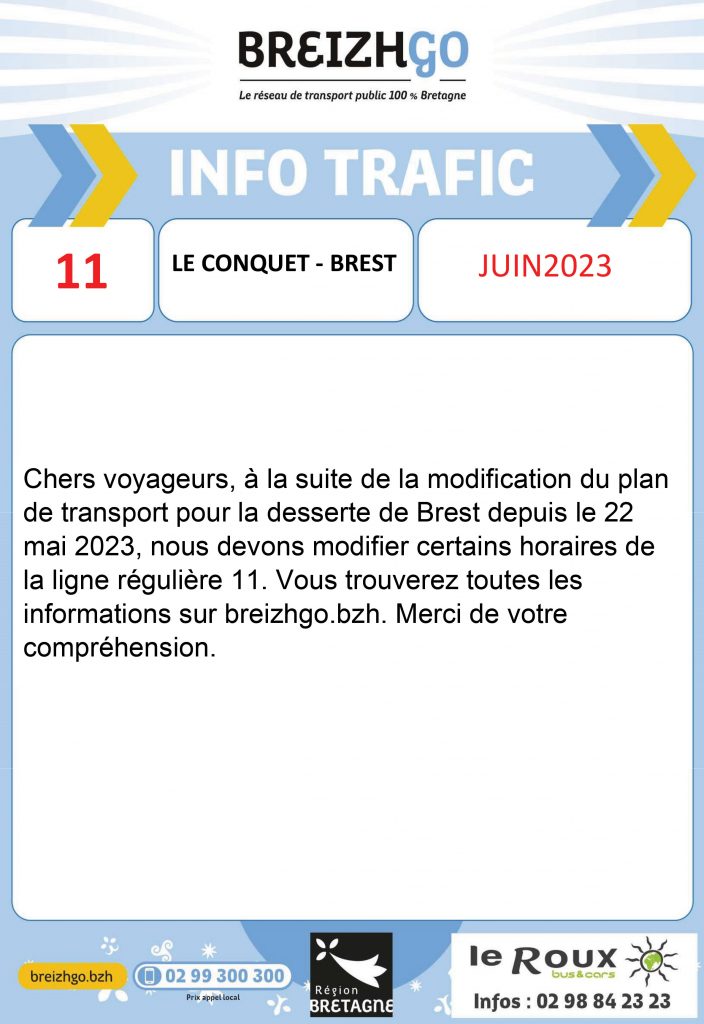 BreizhGo Ligne 11 Le Conquet-Brest modifications horaires