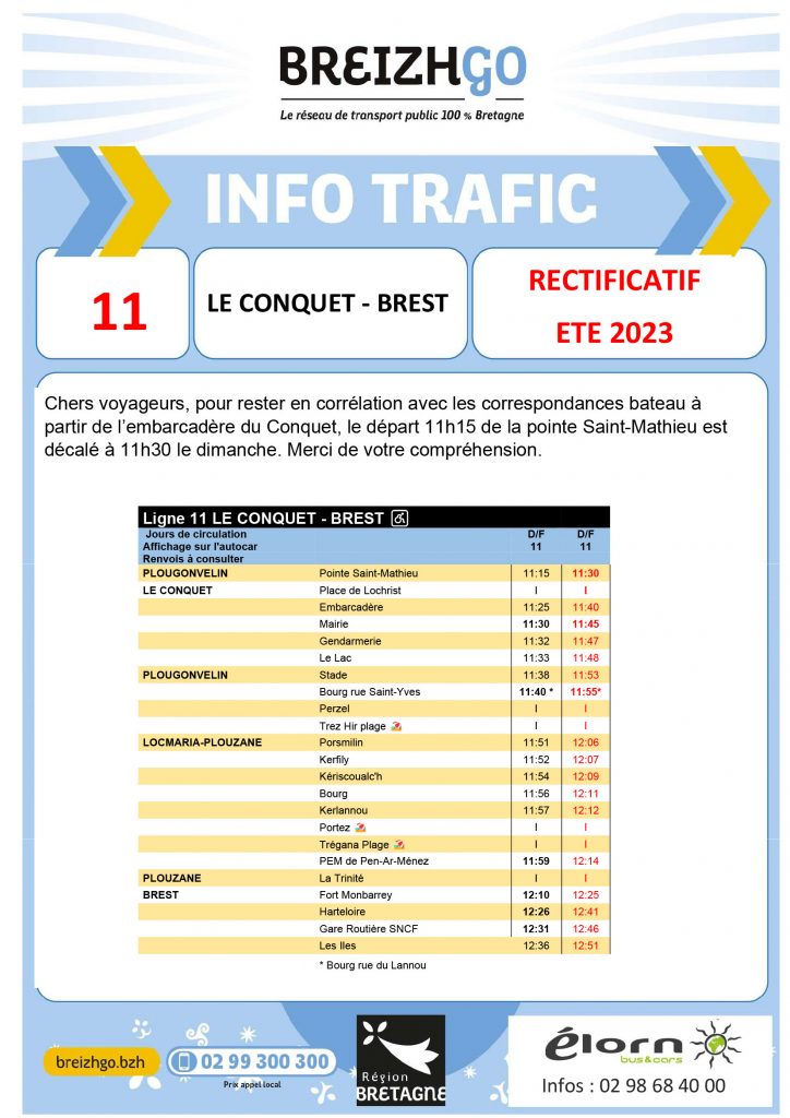 Horaires Été ligne 11 - rectificatif - Élorn bus & cars