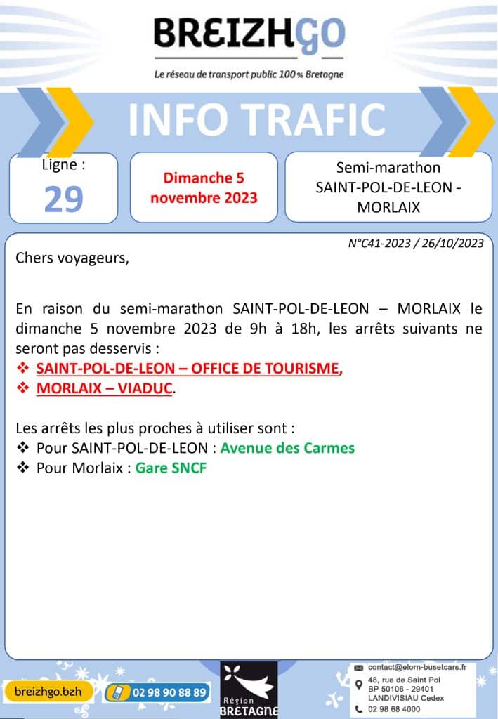 info trafic ligne de transport en car Semi-marathon : Saint-Pol-Morlaix