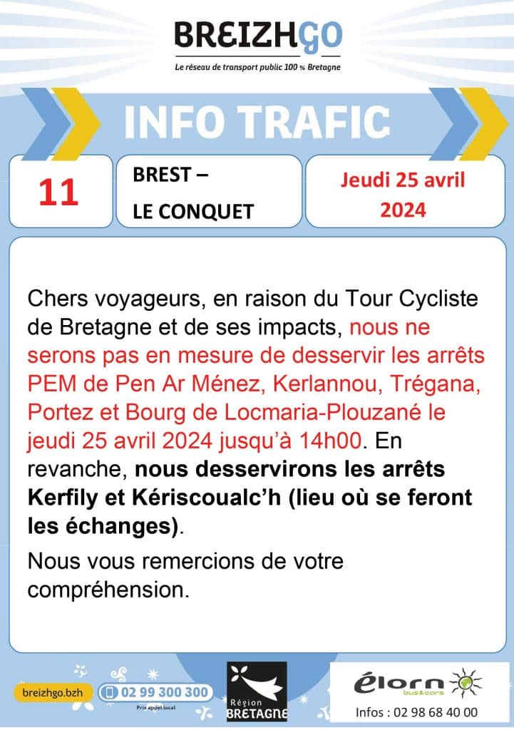 Tour cycliste de bretagne info trafic lignes de car Breizhgo