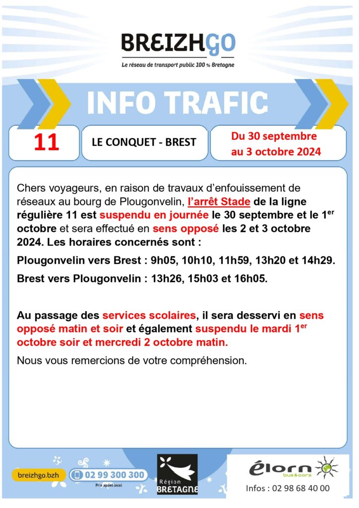 Chers voyageurs, en raison de travaux d'enfouissement des réseaux dans le bourg de Plougonvelin, l'arrêt "Stade" de la ligne régulière 11 sera suspendu durant la journée les 30 septembre et 1er octobre, et desservi dans le sens opposé les 2 et 3 octobre 2024.