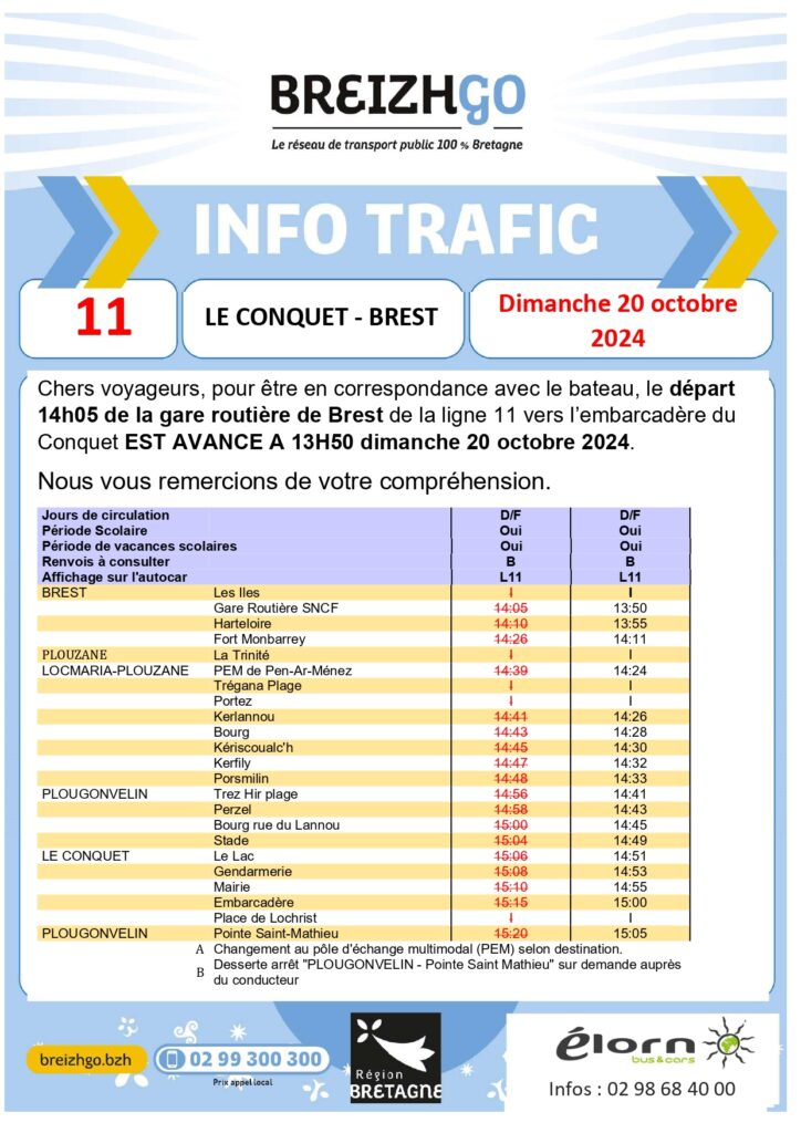 Ligne 11 : Le Conquet - Brest Changement d'horaires 