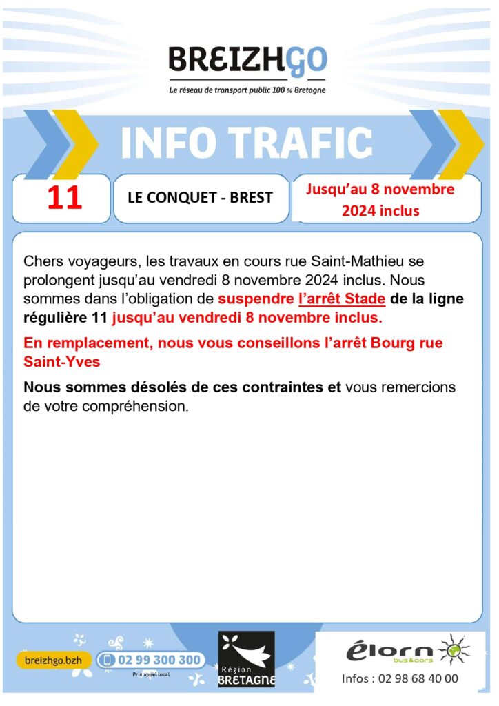 Le Conquet - Brest : Info trafic ligne 11 