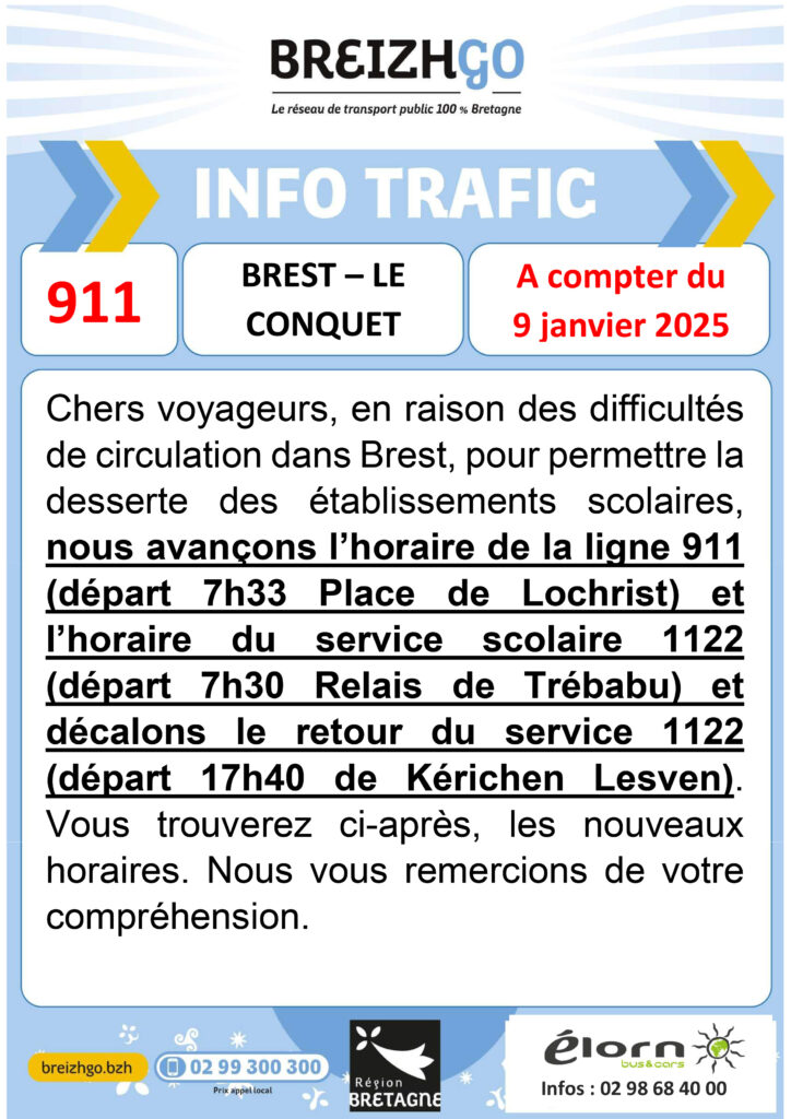 Ligne 911 - Nouveaux horaires