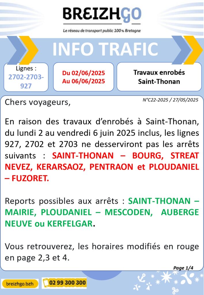 Travaux à Saint-Thonan : perturbations du 2 au 6 juin 2025