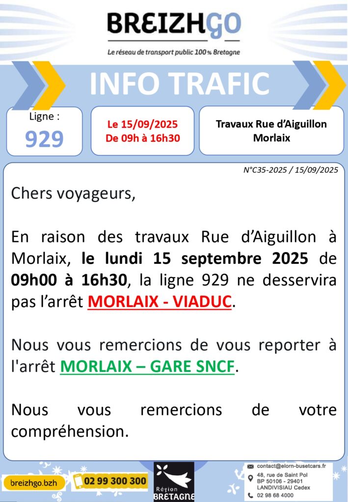 Ligne 929 : Travaux Rue d'Aiguillon Morlaix