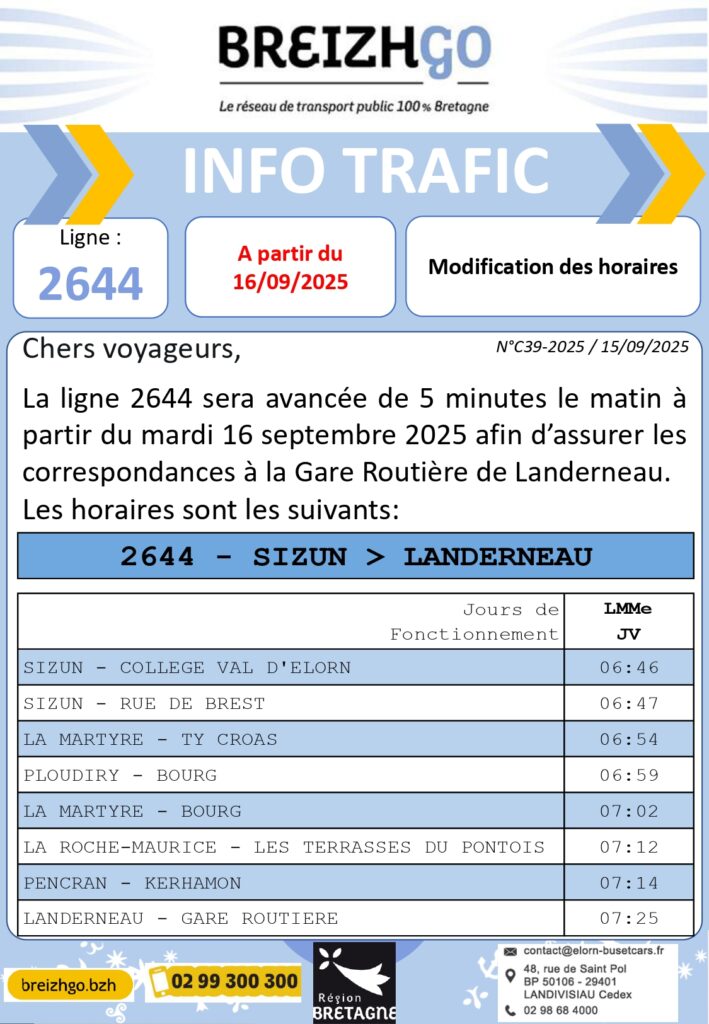 Ligne 2644 : modifications des horaires