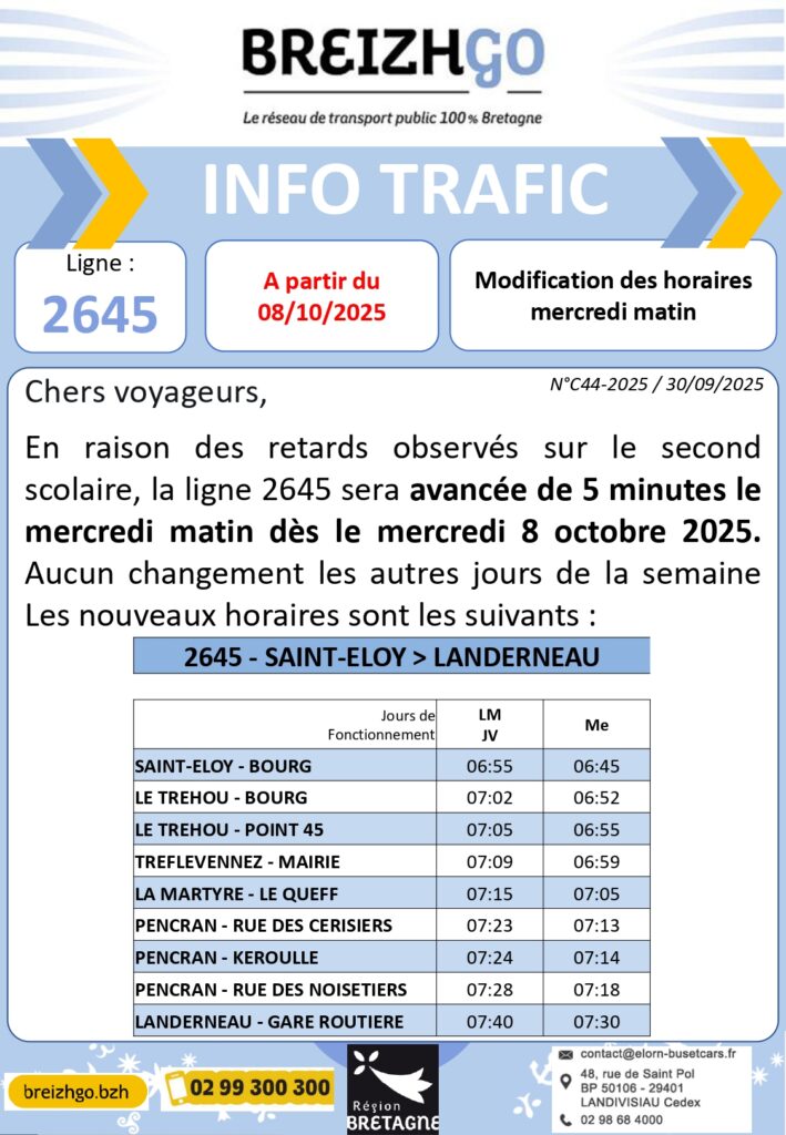 Chers voyageurs, en raison des retards observés sur le second scolaire, la ligne 2645 sera avancée de 5 minutes le mercredi matin dès le mercredi 8 octobre 2025. Aucun changement les autres jours de la semaine. Merci de prendre connaissance des horaires.