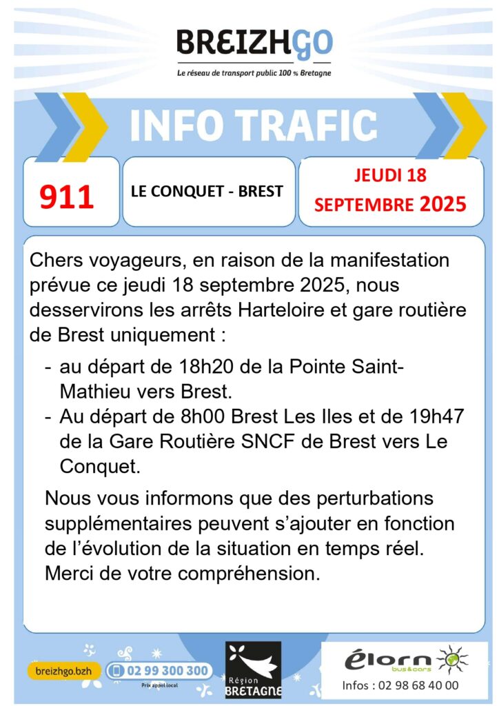 En raison de la manifestation prévue le jeudi 18 septembre, des modifications sont à prévoir sur la ligne 911.