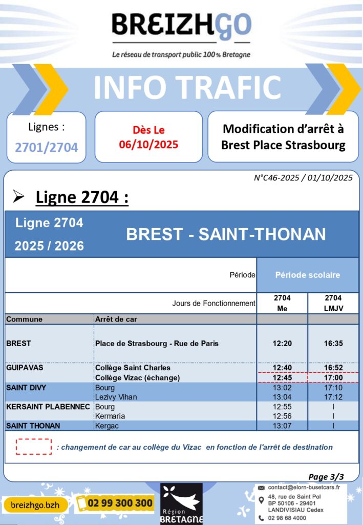 Chers voyageurs, l’arrêt 'BREST – Place de Strasbourg Rue Albert Louppe est remplacé par l’arrêt 'BREST -  Place de Strasbourg
Rue de Paris’ sur :

La ligne 2701 dès à présent pour la dépose (abribus côté Bar Le Derby),

La ligne 2704 sur les retours (abribus côté Banque CIC) dès lundi 6 octobre.