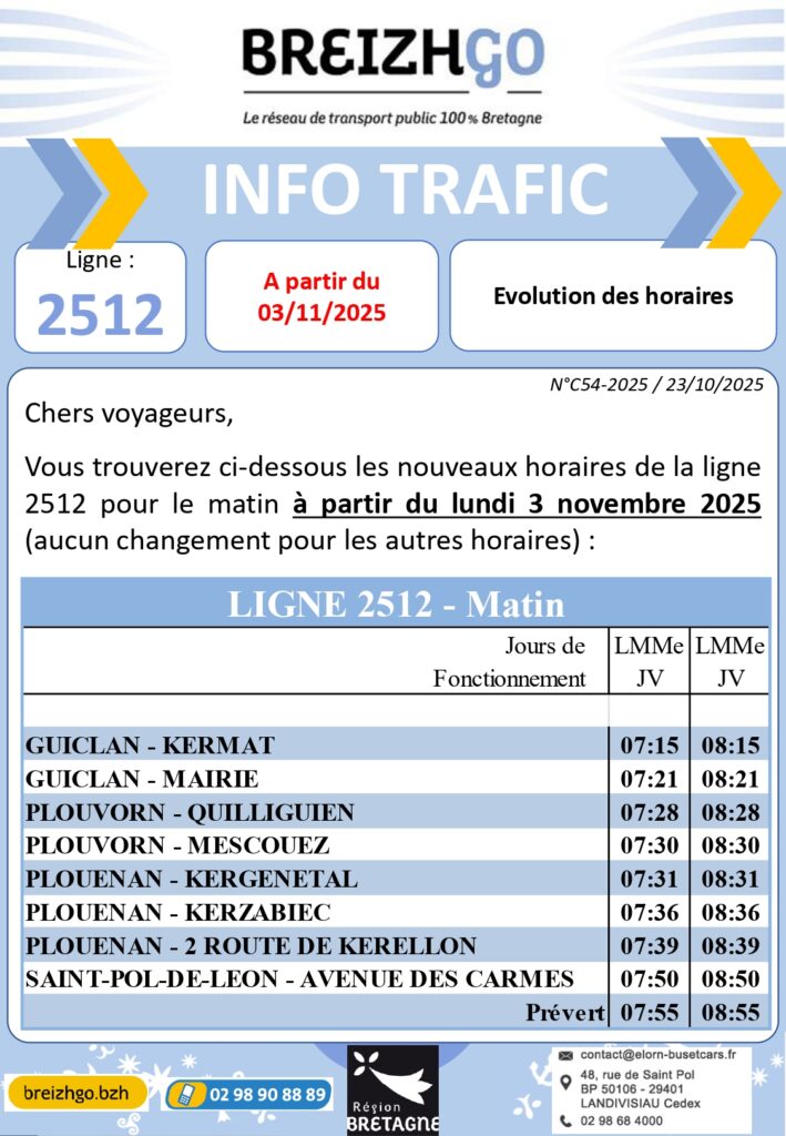 Vous trouverez ci-dessous les nouveaux horaires de la ligne 2512 pour le matin à partir du lundi 3 novembre 2025.