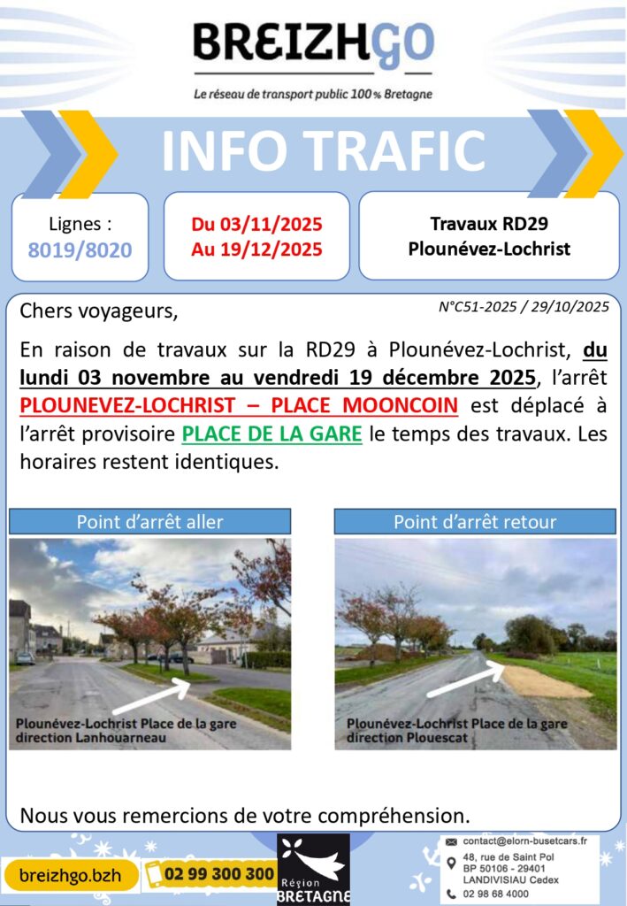 Lignes 8019 / 8020 : Travaux RD29 Plounevez-Lochrist