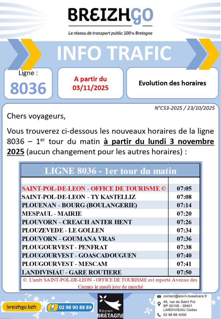 Ligne 8036 : Évolution des horaires à partir du 3 novembre 2025