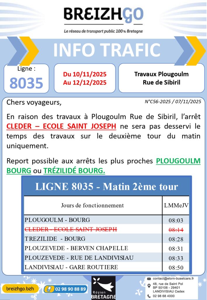 Chers voyageurs de la ligne 8035, en raison des travaux à Plougoulm Rue de Sibiril, l’arrêt CLEDER – ECOLE SAINT JOSEPH ne sera pas desservi le temps des travaux sur le deuxième tour du matin uniquement.