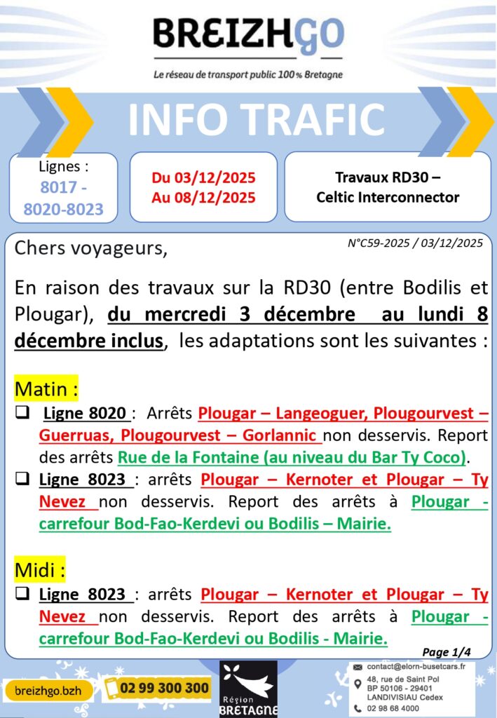 Travaux sur la RD30 du 03/12 au 08/12 lignes 8017, 8020, 8023