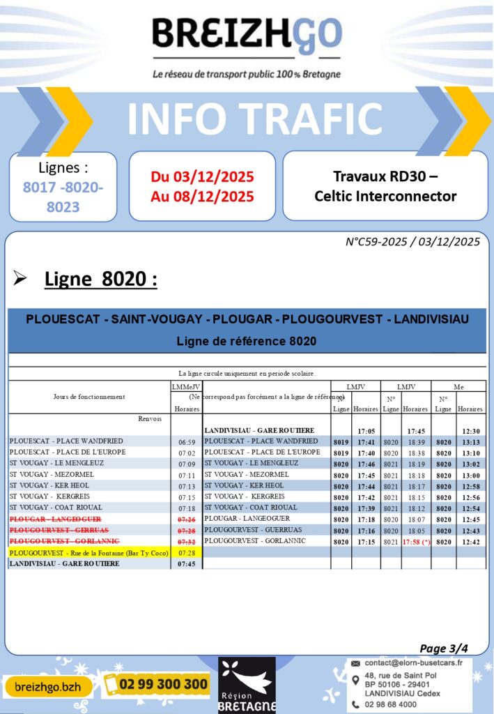 Travaux sur la RD30 du 03/12 au 08/12 lignes 8017, 8020, 8023