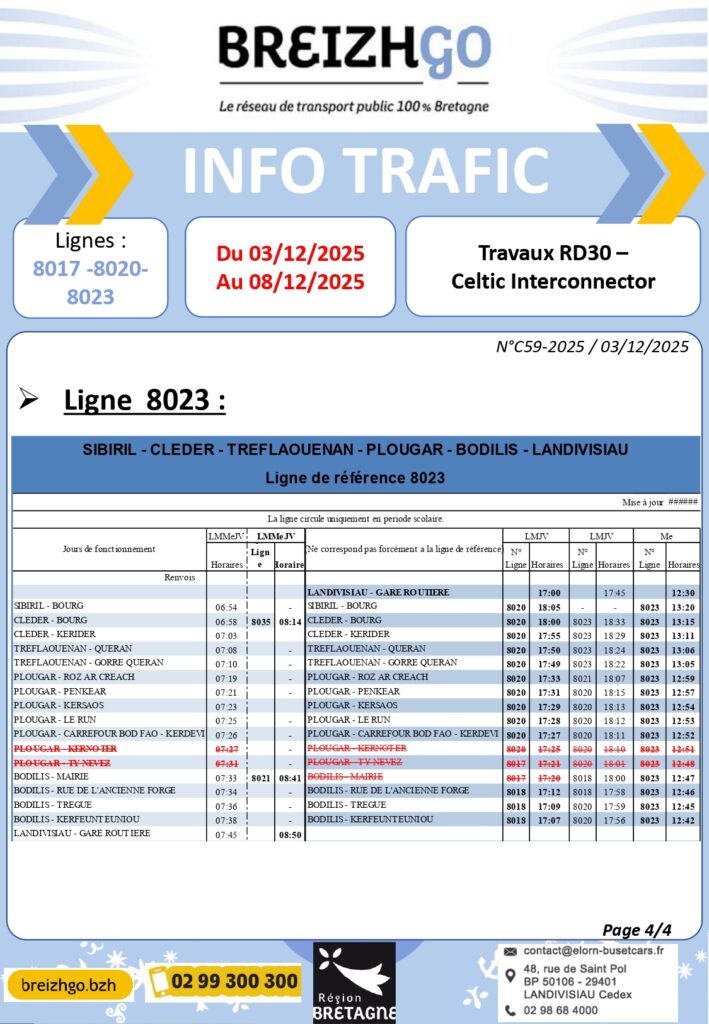 Travaux sur la RD30 du 03/12 au 08/12 lignes 8017, 8020, 8023