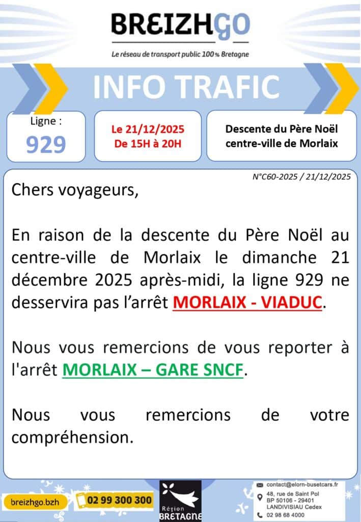 Ligne 929 : Descente du Père Noël centre-ville de Morlaix