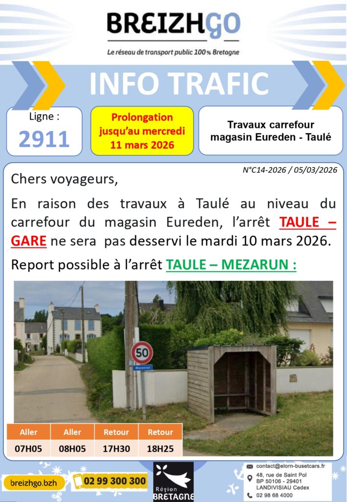 Prolongation : Ligne 2911 : Travaux Carrefour magasin Eureden - Taulé