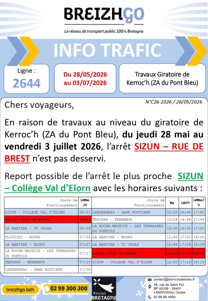 Du 28/05 au 03/06 2026, l’arrêt SIZUN – Rue de Brest ne sera pas desservi en raison de travaux à Kerroc’h.